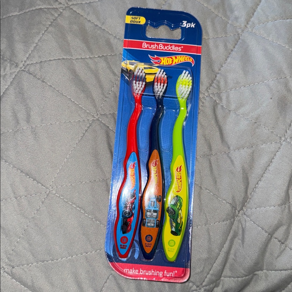 Set of 3 Hot Wheels Brush Buddies Toothbrushes - Red, Blue, Green (Soft Bristle)